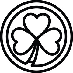 Black outline drawing of a shamrock or threeleaf clover within a double circle