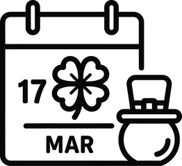 St patricks day calendar icon with fourleaf clover and pot of gold, celebrating irish culture and luck