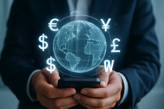 Global currency exchange with international finance mobile banking and worldwide forex trading using digital technology