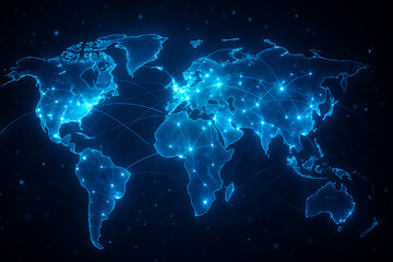 Global digital connection concept with glowing blue world map lines and networks representing internet data cloud and global communication