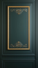 A dark royal green wall showcases an elegant decorative frame with intricate relief patterns and a gleaming gold border, designed in a classic European style that sophistication through
