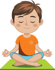 Cute cartoon boy meditating in lotus pose on yoga mat, peaceful mindfulness illustration, calm child practicing relaxation, wellness activity artwork