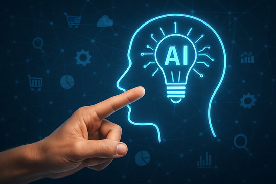 Hand pointing at glowing AI lightbulb icon inside human head outline with digital technology symbols background