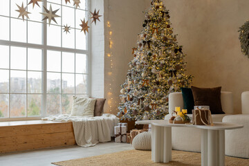 Cozy Christmas living room with decorated tree