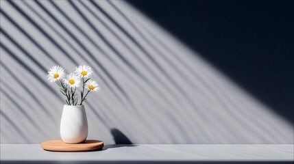 A white vase holding several white daisies sits on a wooden coaster against a textured gray wall. Dramatic diagonal shadows from blinds or foliage are cast acro