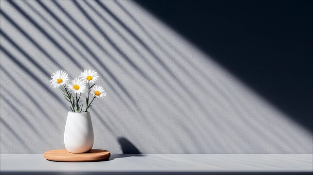 A white vase holding several white daisies sits on a wooden coaster against a textured gray wall. Dramatic diagonal shadows from blinds or foliage are cast acro