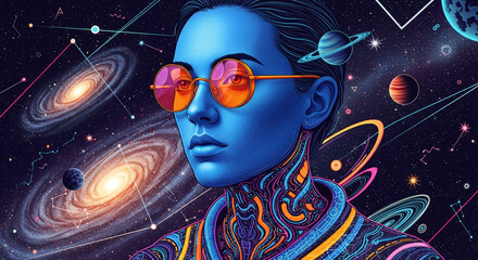 Futuristic Artistic Woman Portrait with Space and Galaxy Elements Illustration