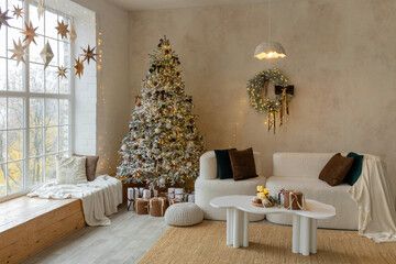 Cozy Christmas living room with decorated tree