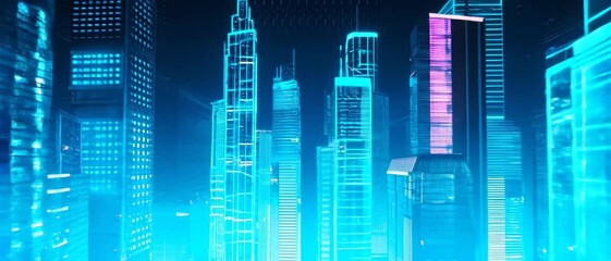 Vibrant futuristic cityscape bathed in glowing blue light, representing advanced technology and urban innovation within a digital metropolis environment - Powered by Adobe