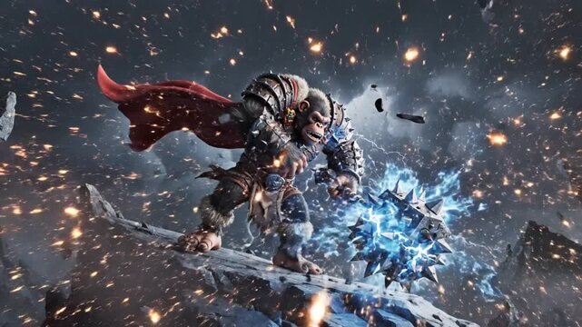 Epic thunderstorm clash with mighty warrior swinging hammer amidst lightning