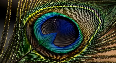 Obraz premium A close-up, detailed shot of a vibrant peacock feather showcasing its iridescent blue, green, and gold eye pattern.