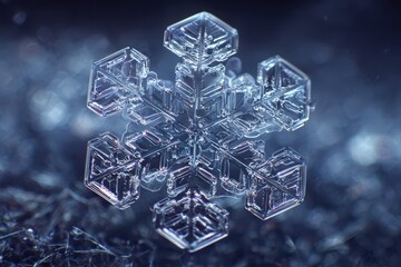 Extreme close up of a single clear ice snowflake with intricate geometric patterns crystal macro