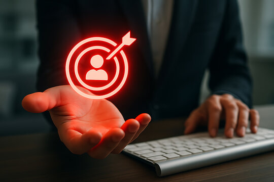 Marketing strategy concept with businessman holding holographic target and customer profile symbol for precision outreach