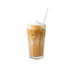 Three brown glass cold coffee drinks with foam, ice, and cream, including a cappuccino, isolated on white