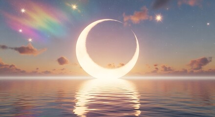 Magical crescent moon rising from the calm ocean at sunset with a rainbow and twinkling stars.