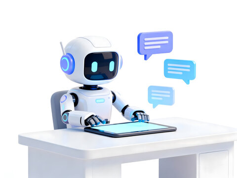 Friendly robot using tablet for communication, modern AI assistance, artificial intelligence simplifies work, futuristic technology, chatbot support