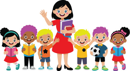 Cute diverse children standing with friendly female teacher, happy school kids group illustration, education learning teamwork classroom cartoon scene
