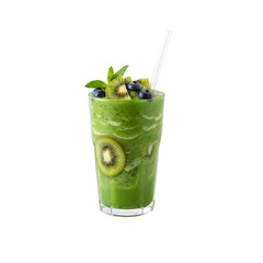 kiwi fruit smoothie  drink with fruit, fresh mint in a glass, isolated on a white background for a refreshing summer beverage