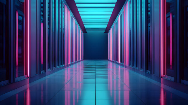 Cyber Corridor: A futuristic, neon-lit corridor of data servers, bathed in cool blue and vibrant pink light, hinting at the vast digital world and technological innovation within.