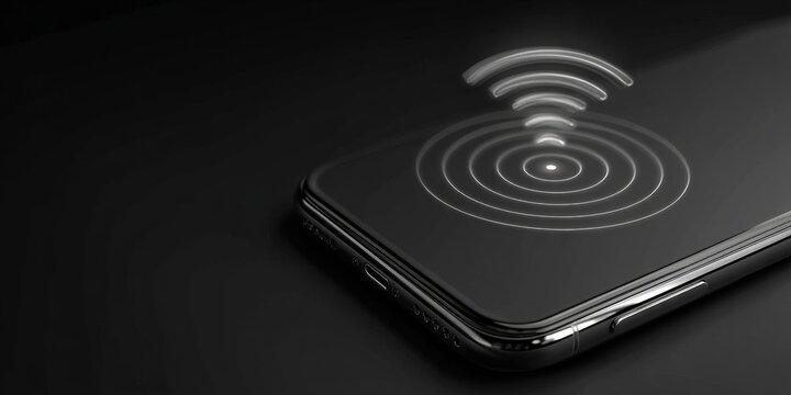 Black smartphone with radiating wireless signal icon on screen. Mobile phone with wifi connection for modern communication technology.