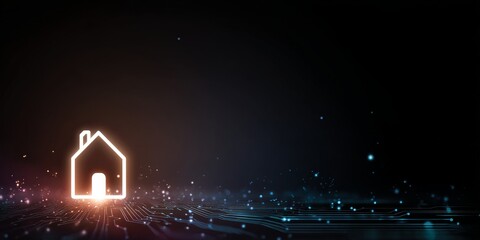 Glowing house icon on circuit board. Smart home technology concept with artificial intelligence. Digital automation for modern living.