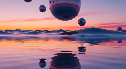 Surreal landscape with reflective spheres floating above calm water at sunset, creating an abstract and serene scene.