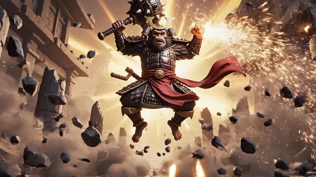 Epic mythological battle scene with armored warrior wielding sword amidst