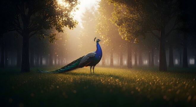 A majestic peacock stands gracefully in a sun-dappled forest clearing, bathed in golden light filtering through the trees. - Powered by Adobe