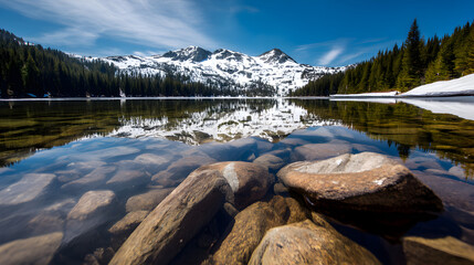 Emerald Lake and Snowy Mountain: A breathtaking panoramic shot of an alpine lake reflects a majestic snow-covered mountain range, embodying serenity and natural beauty.