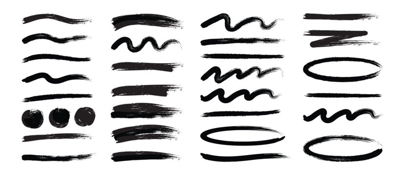 Chalk lines, charcoal highlight strokes doodle set. Brush collection isolated on white background. Trendy brush stroke for black ink paint, grunge backdrop, dirt banner