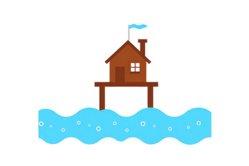 a simple flat 2D icon of 'climate adaptation strategy', with a house icon built on high stilts above water waves, minimalist design, solid brown and blue colors, clean sharp lines, no shadows