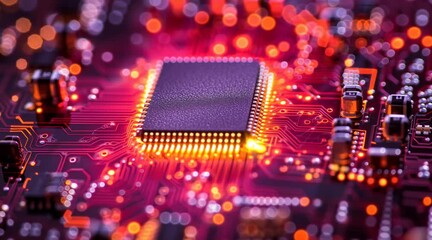 Close-up of a glowing microchip on a circuit board - Powered by Adobe