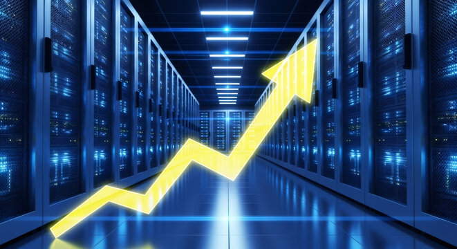 Yellow arrow showing upward trend through data center server racks. Business growth and technology advancement concept for financial success. - Powered by Adobe
