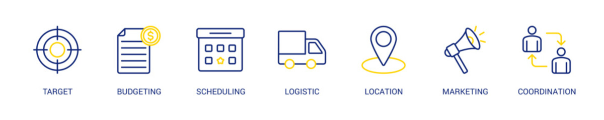 Event Management Line Color Icon Set For Web Banner. Vector Illustration Concept With Some Icons. Designed In Line Color Style