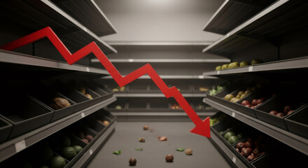 Red arrow showing downward trend in grocery store aisle with mostly empty shelves. Financial crisis and economic decline concept for business.