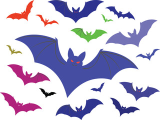 Flying black bat silhouette collection with spooky red eyes for Halloween night decoration, scary horror theme vector design on white background