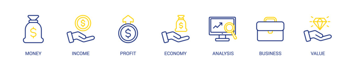 Cash Flow Line Color Icon Set For Web Banner. Vector Illustration Concept With Some Icons. Designed In Line Color Style