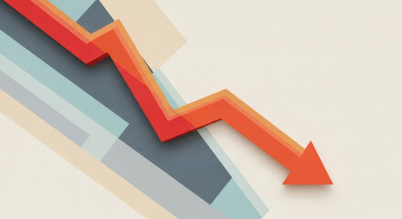 Red arrow pointing downward on financial graph. Business chart showing falling trend. Digital stock market data visualization for decline.