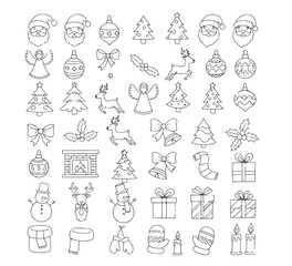 Fototapeta premium Festive Holiday Cheer Set of Christmas Tree, Ornaments, Santa, Angel, and Snowman Doodle Line Art Icons to Spread Joy and Celebration