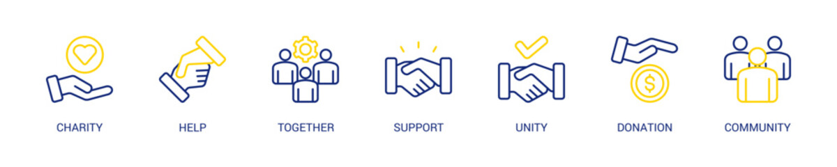 Volunteering Line Color Icon Set For Web Banner. Vector Illustration Concept With Some Icons. Designed In Line Color Style