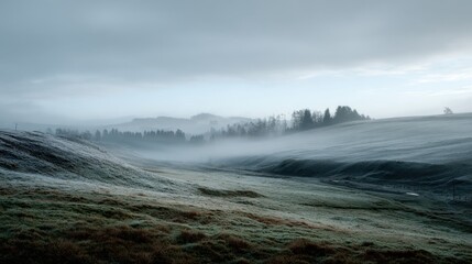 Misty morning over frosted rolling hills and distant forest trees dawn sunrise