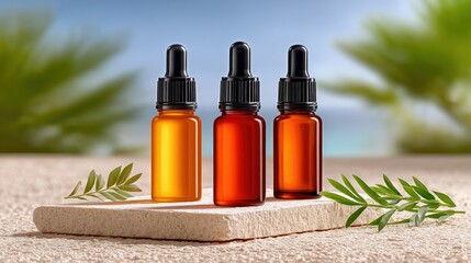 Three amber glass dropper bottles filled with golden and reddish oils are displayed on a textured stone slab. The background features a blurred tropical beach s