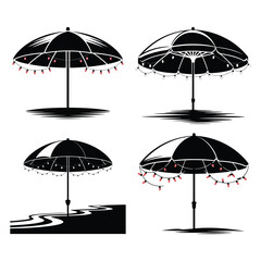 Beach umbrella silhouette with decorative string lights illustration in minimal summer vector style, Perfect for summer themes, beach holiday graphics, tropical vacation designs, and festive outdoor i