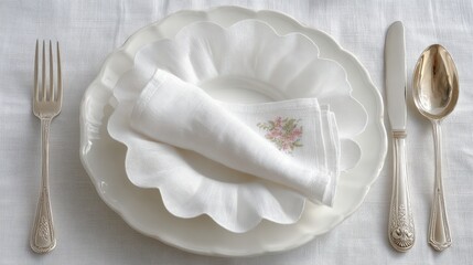 Elegant white table setting with floral napkin on vintage silverware