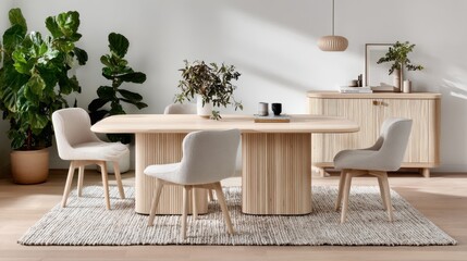 Modern minimalist dining room with wooden furniture and green plants