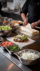 Obraz premium Chef preparing delicious burritos with fresh ingredients in modern kitchen