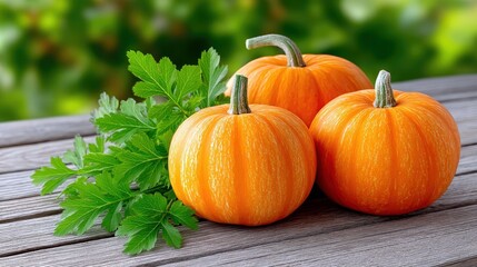 Obraz premium Three vibrant orange pumpkins and a bunch of fresh green parsley are arranged on a rustic wooden table. The background is softly blurred with green foliage, sug