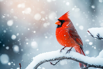 Bright red cardinal bird sitting on snowy tree branch in winter forest with falling snow, wildlife generative ai scene