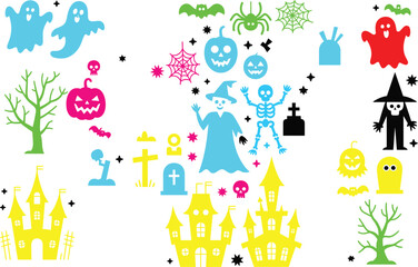 Halloween icon set, spooky silhouettes, ghosts witches skeletons, haunted houses, pumpkins bats spiders, black and white horror illustration, festive holiday design