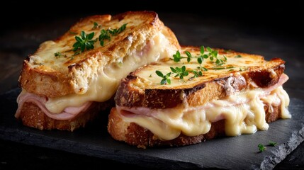 Delicious grilled ham and cheese sandwich on rustic slate with fresh herbs